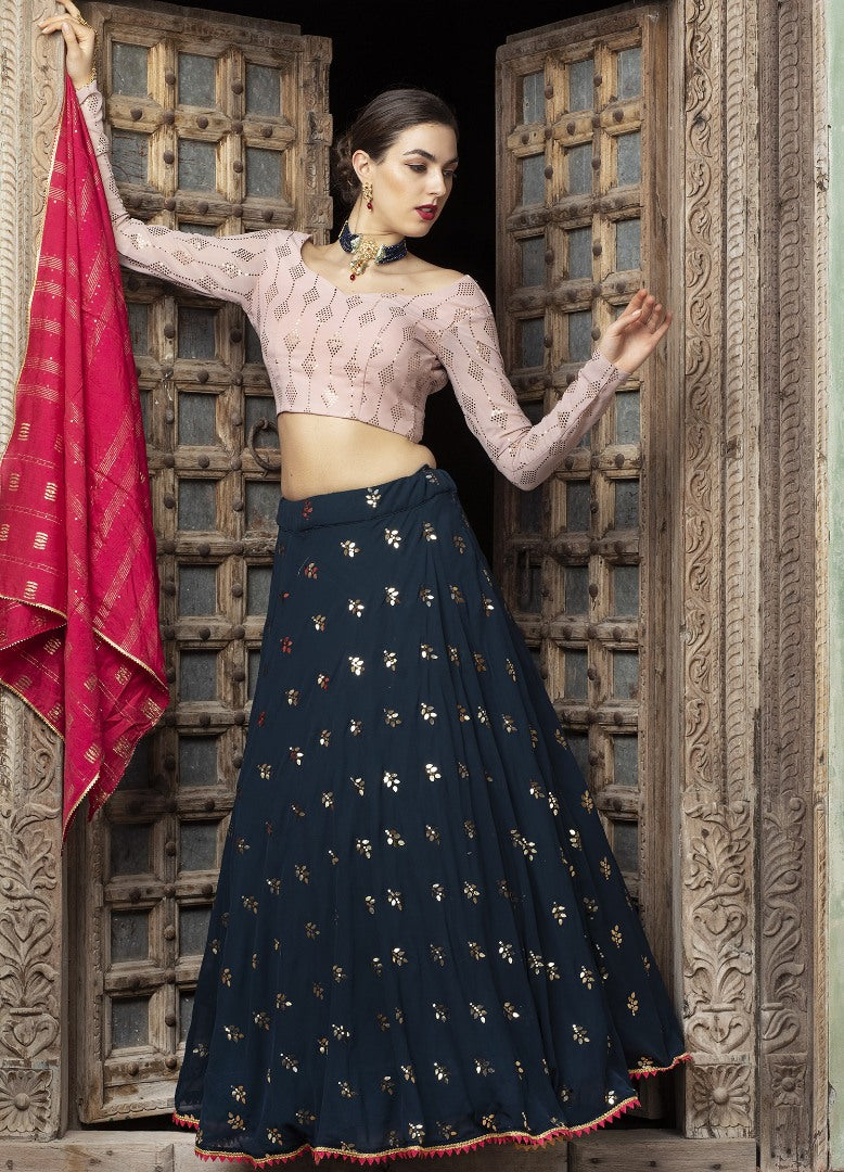 Navy blue georgette fancy sequence work bridal lehenga choli
