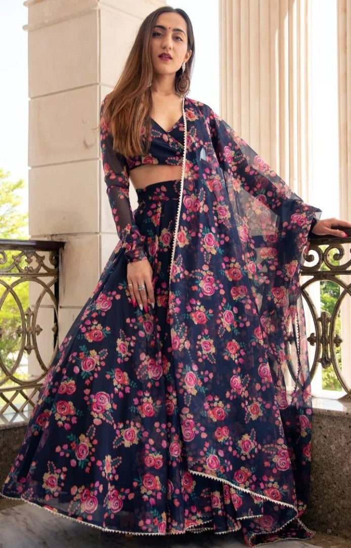 Navy blue georgette floral digital printed party wear lehenga choli