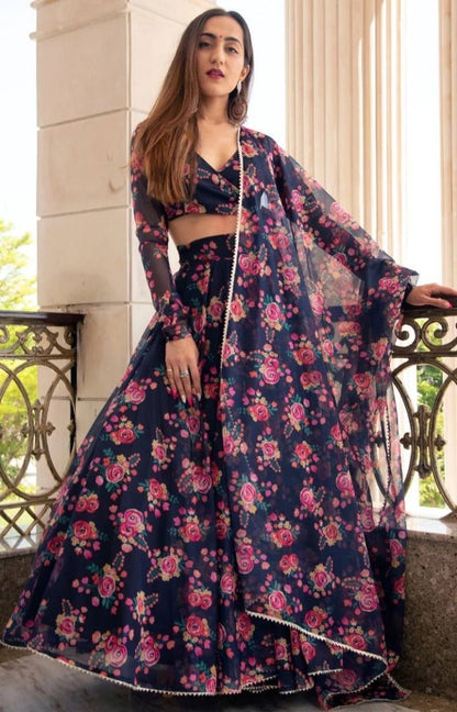 Navy blue georgette floral digital printed party wear lehenga choli