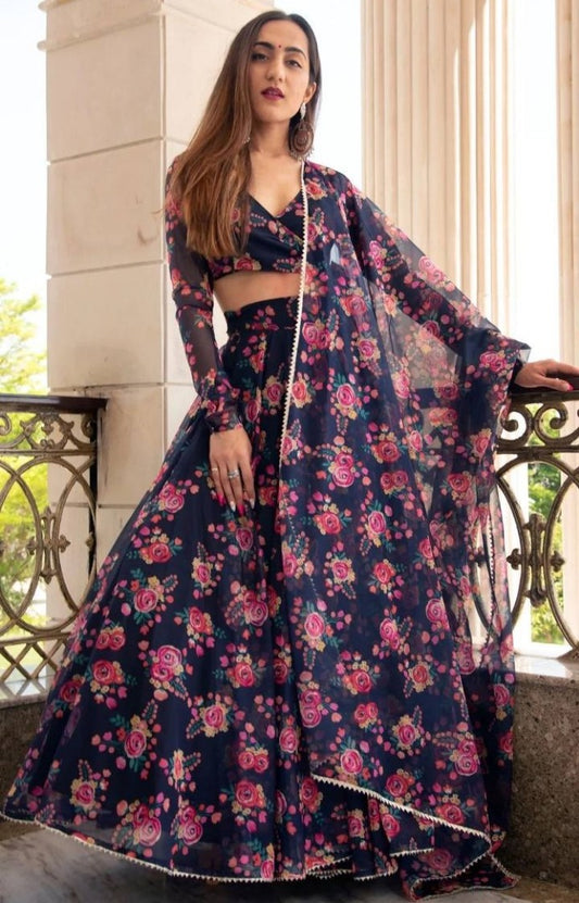 Navy blue georgette floral digital printed party wear lehenga choli