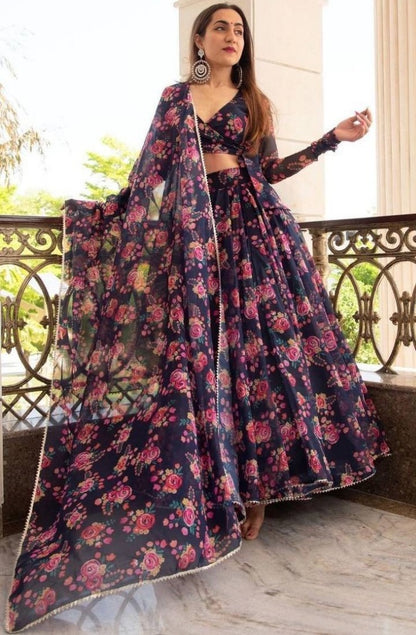 Navy blue georgette floral digital printed party wear lehenga choli