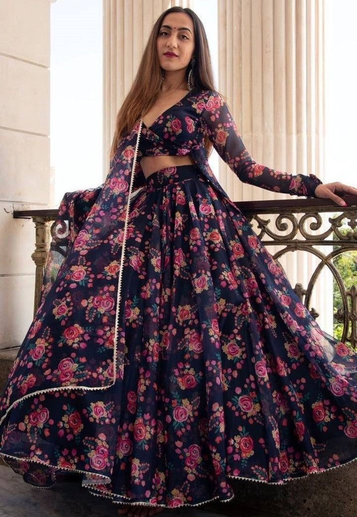 Navy blue georgette floral digital printed party wear lehenga choli