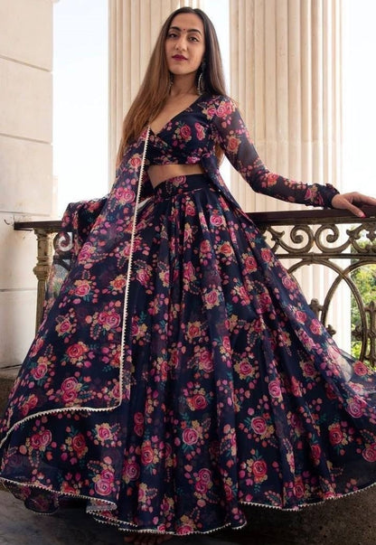 Navy blue georgette floral digital printed party wear lehenga choli