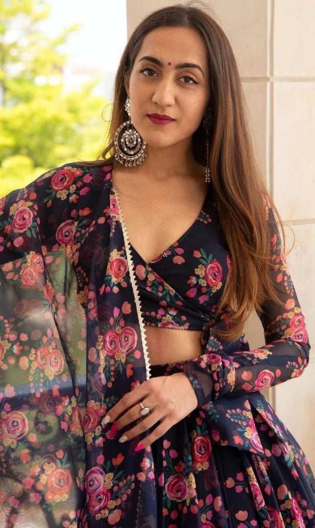 Navy blue georgette floral digital printed party wear lehenga choli