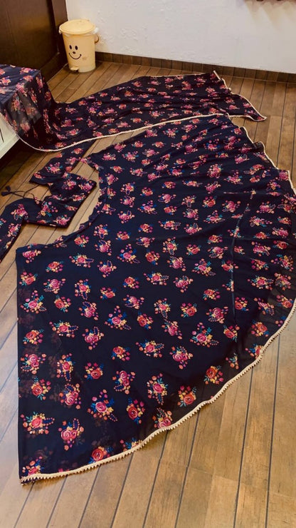 Navy blue georgette floral digital printed party wear lehenga choli