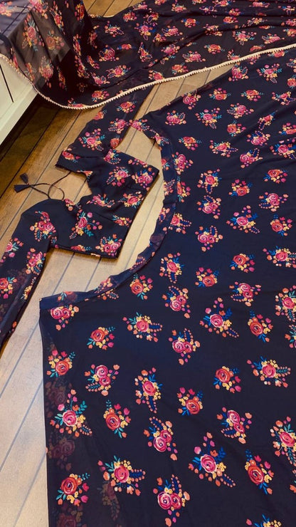 Navy blue georgette floral digital printed party wear lehenga choli