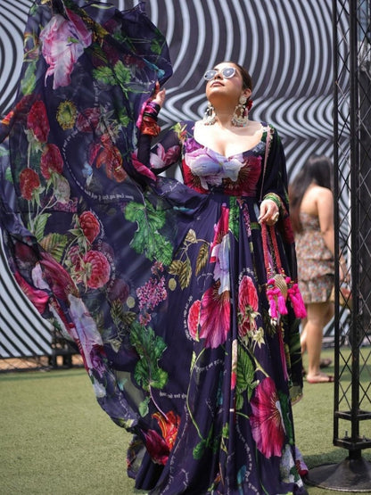 Navy blue georgette floral printed long anarkali suit