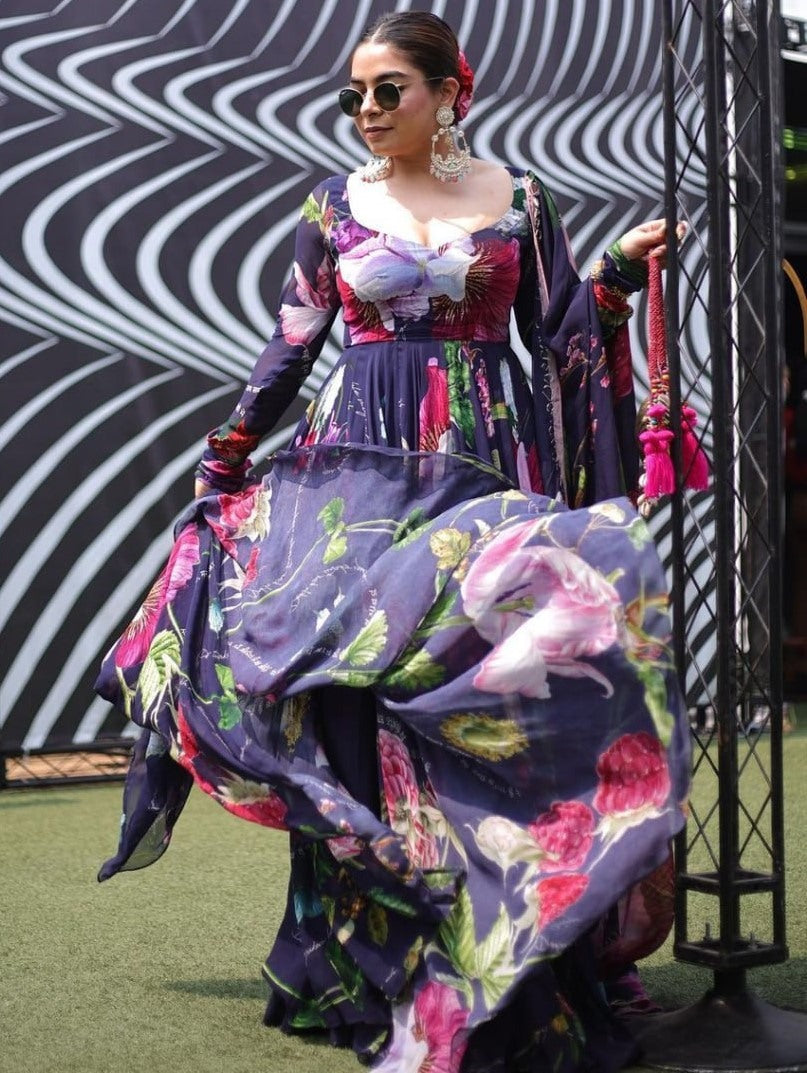 Navy blue georgette floral printed long anarkali suit