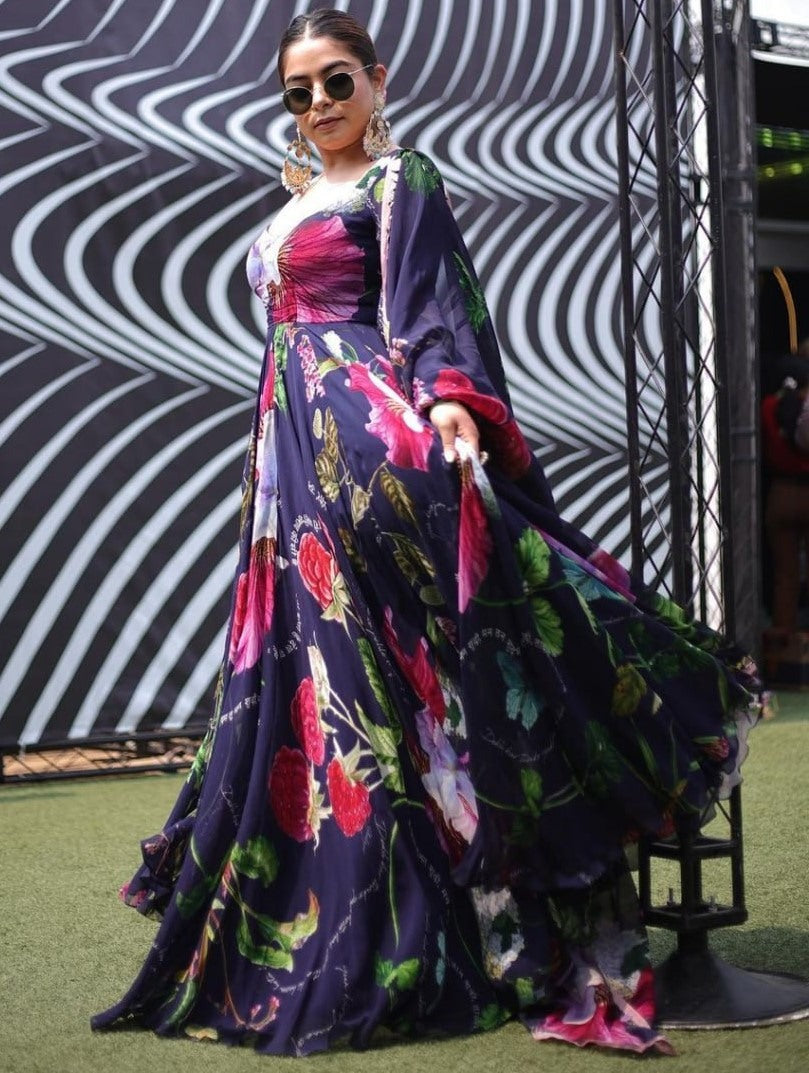 Navy blue georgette floral printed long anarkali suit