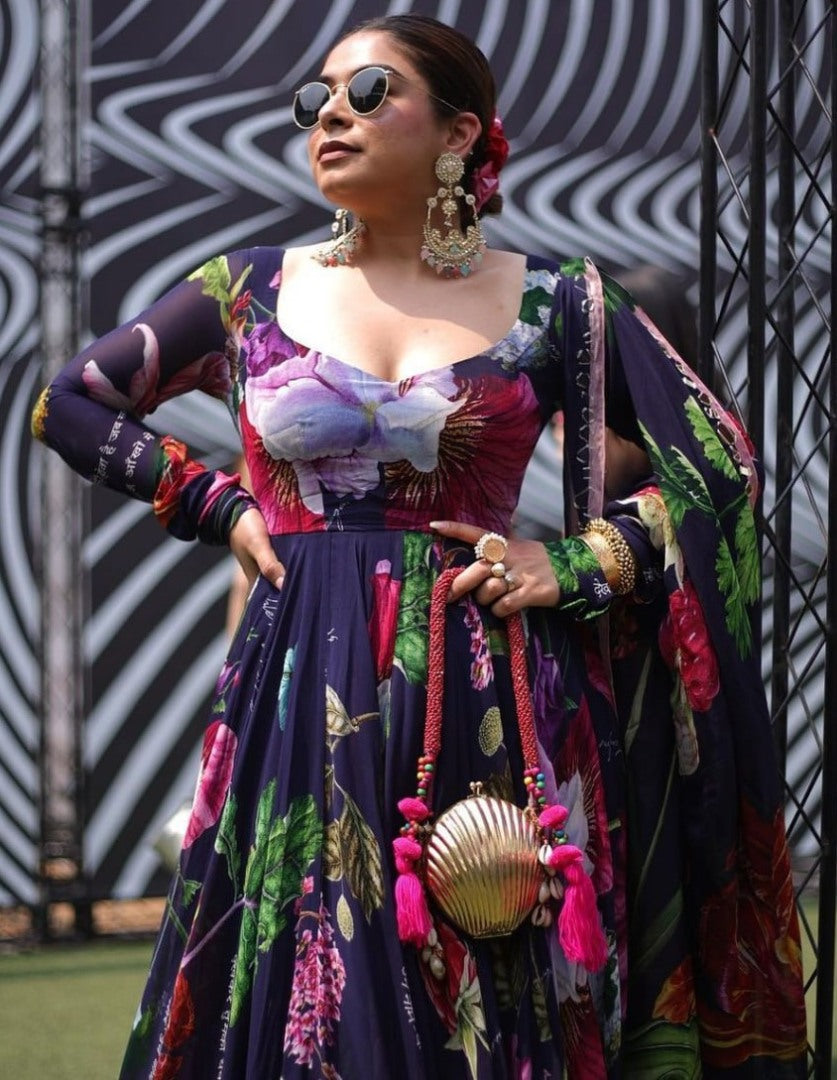 Navy blue georgette floral printed long anarkali suit