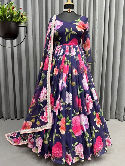 Navy blue georgette floral printed long anarkali suit
