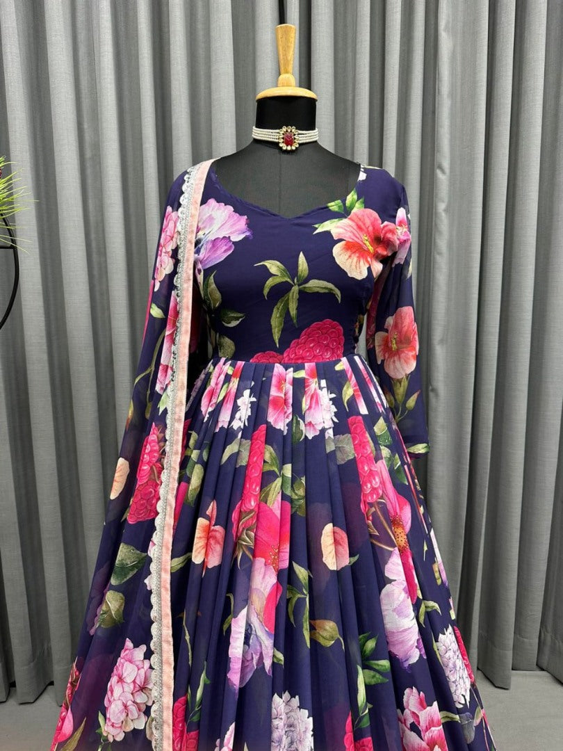 Navy blue georgette floral printed long anarkali suit