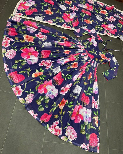 Navy blue georgette floral printed long anarkali suit
