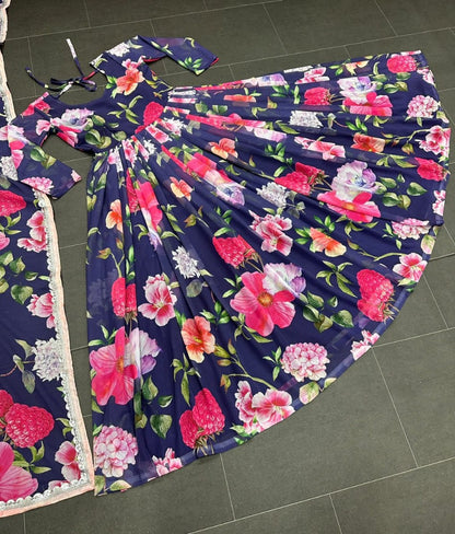 Navy blue georgette floral printed long anarkali suit