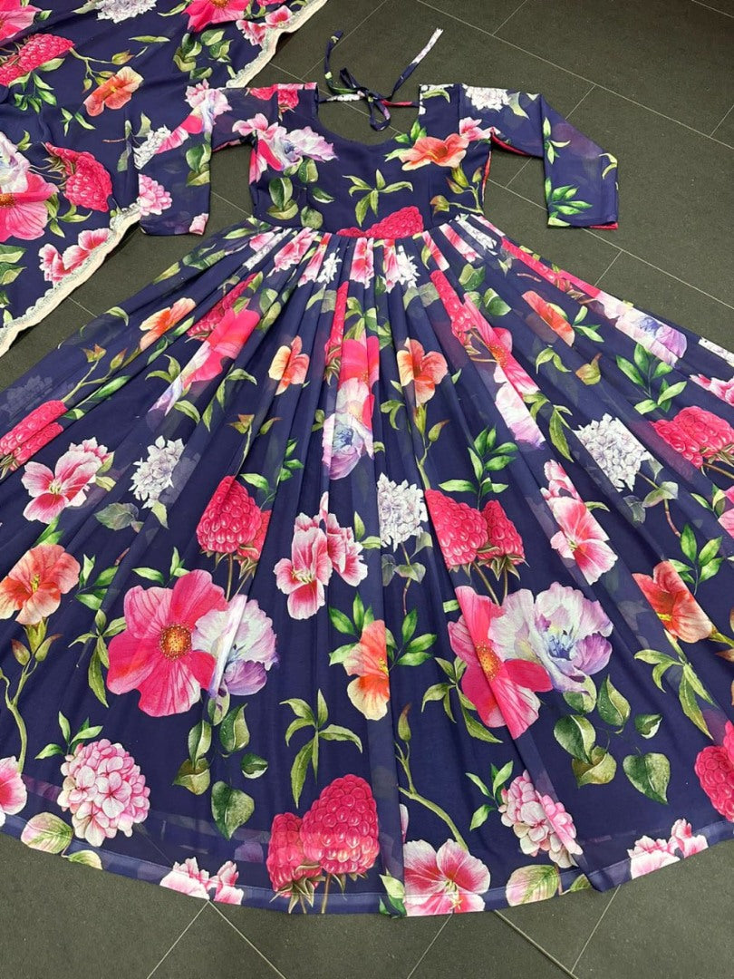 Navy blue georgette floral printed long anarkali suit