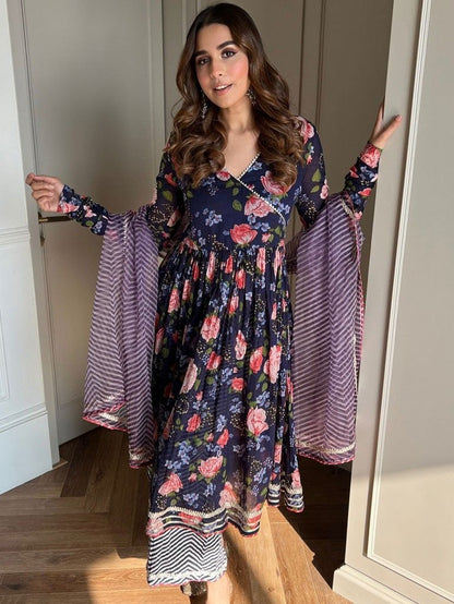 Navy blue georgette floral printed palazzo gown