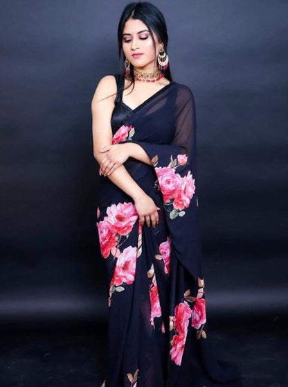 Navy blue georgette flower digital printed saree