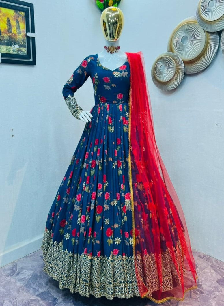 Navy blue georgette flower print and embroidered party wear gown