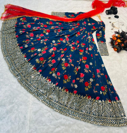 Navy blue georgette flower print and embroidered party wear gown