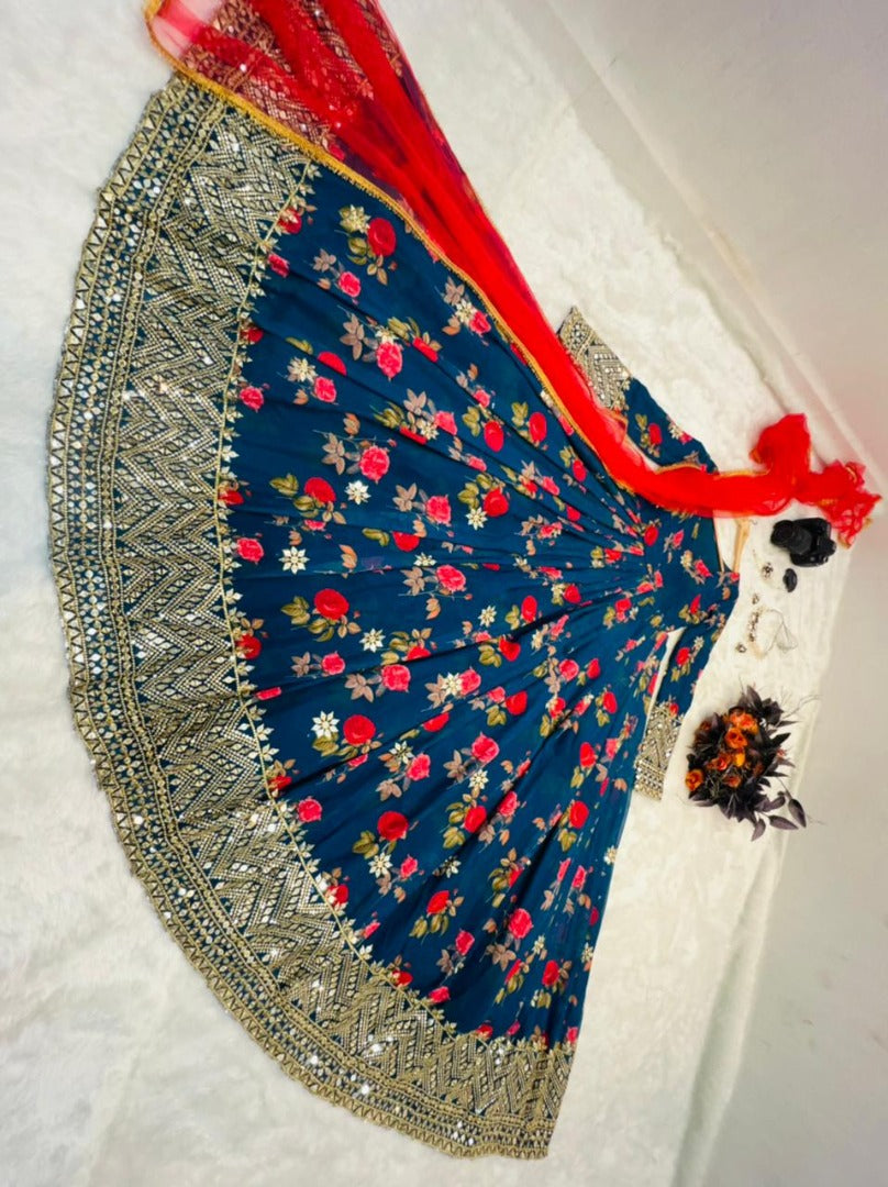 Navy blue georgette flower print and embroidered party wear gown