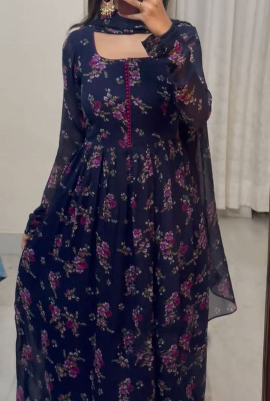Navy blue georgette flower printed anarkali suit