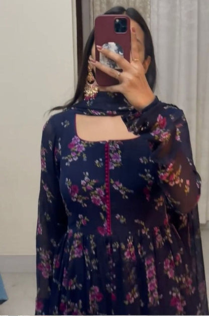 Navy blue georgette flower printed anarkali suit