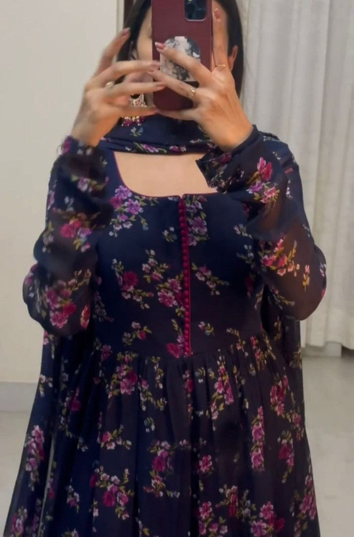Navy blue georgette flower printed anarkali suit