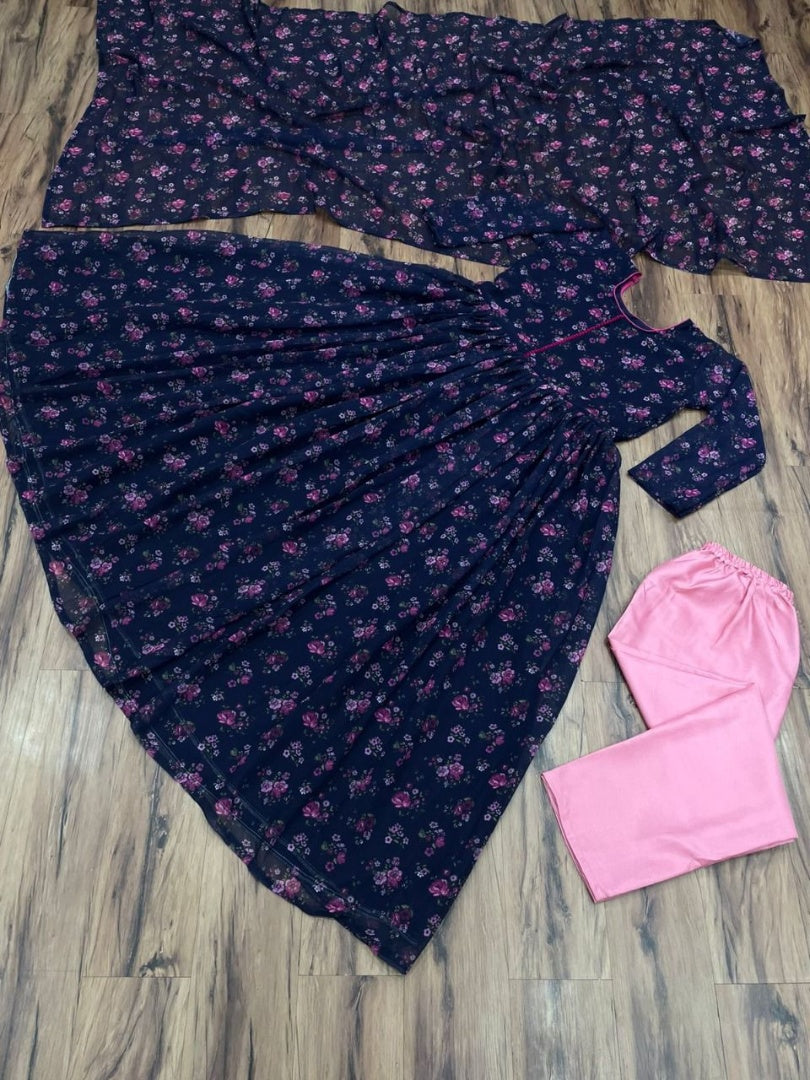 Navy blue georgette flower printed anarkali suit