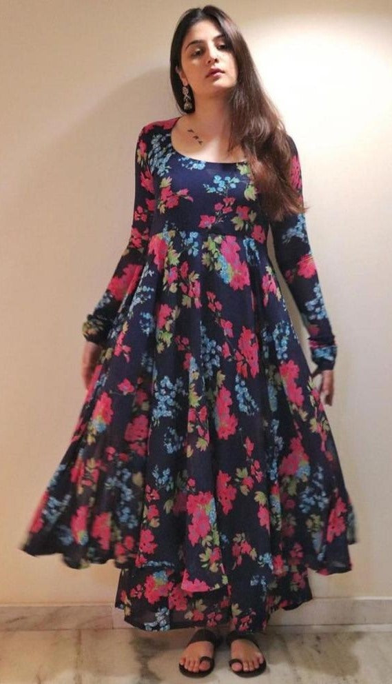 Navy blue georgette flower printed plazzo suit