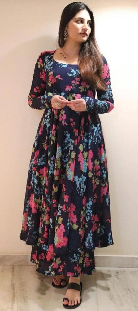 Navy blue georgette flower printed plazzo suit