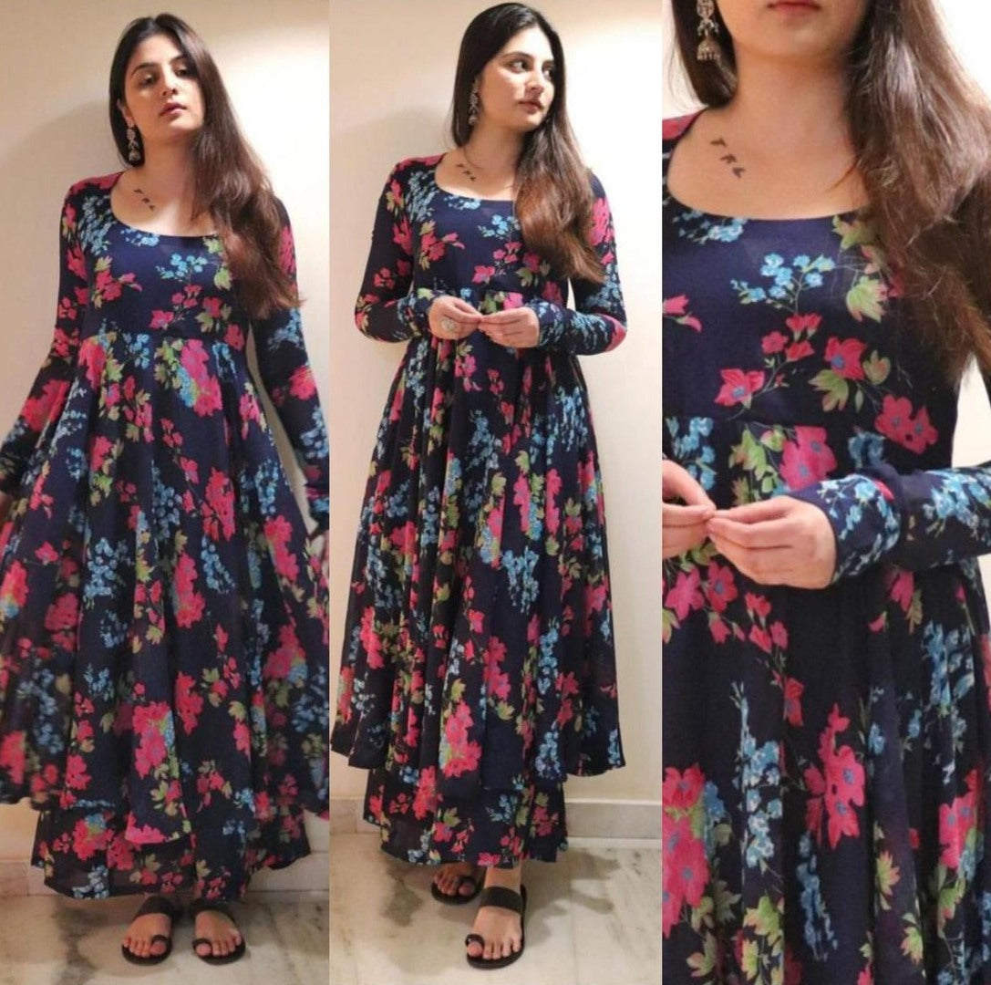 Navy blue georgette flower printed plazzo suit