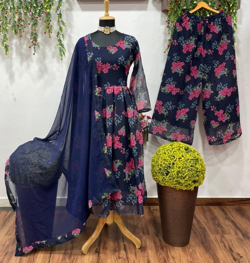 Navy blue georgette flower printed plazzo suit