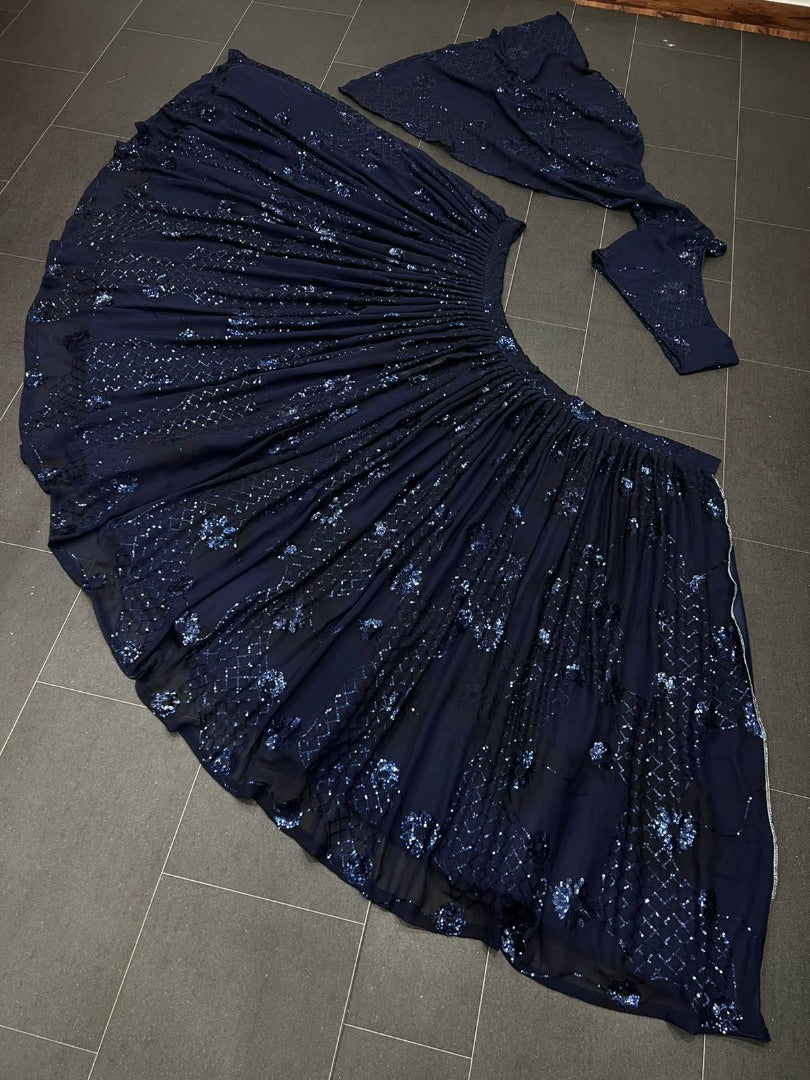 Navy blue georgette heavy embroidered designer crop top lehenga