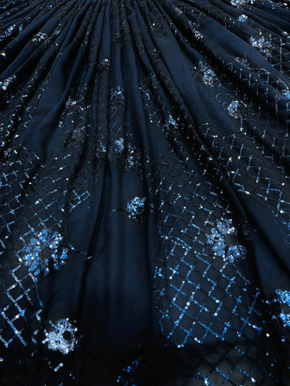 Navy blue georgette heavy embroidered designer crop top lehenga