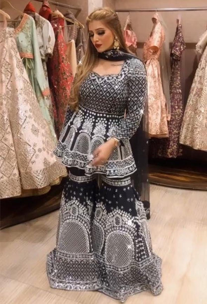 Navy blue georgette heavy embroidered sharara salwar suit