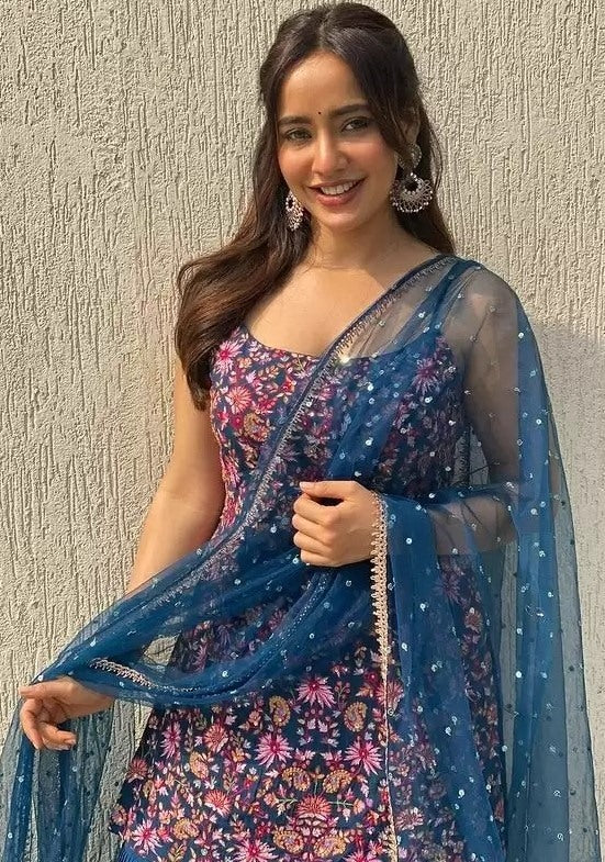 Navy blue georgette heavy embroidered sharara salwar suit