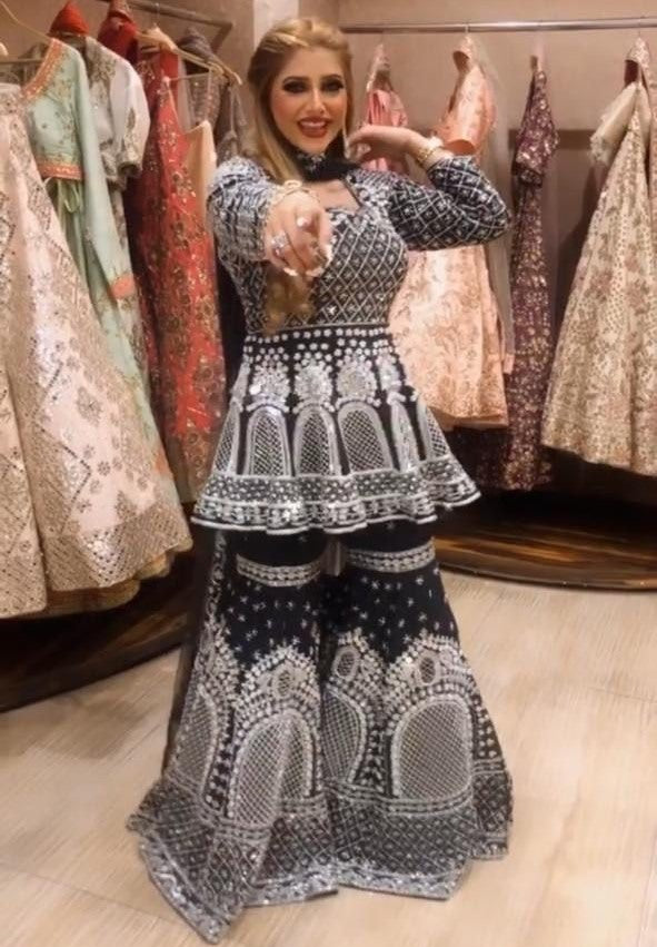 Navy blue georgette heavy embroidered sharara salwar suit