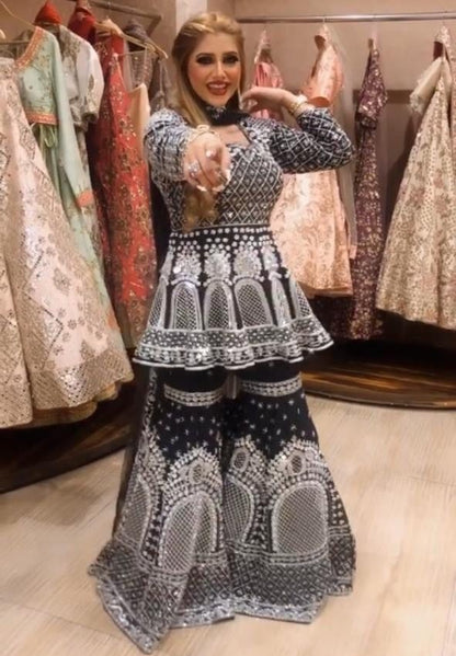 Navy blue georgette heavy embroidered sharara salwar suit