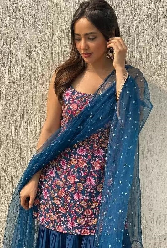 Navy blue georgette heavy embroidered sharara salwar suit