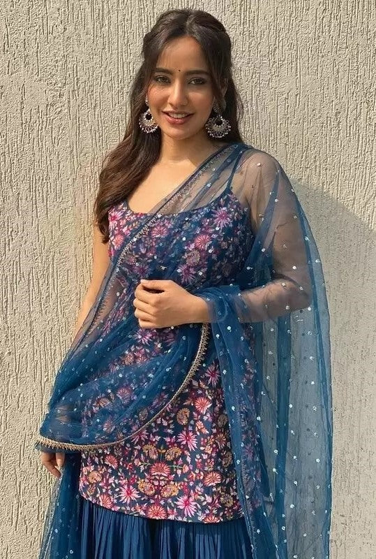 Navy blue georgette heavy embroidered sharara salwar suit