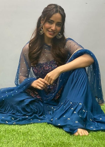 Navy blue georgette heavy embroidered sharara salwar suit