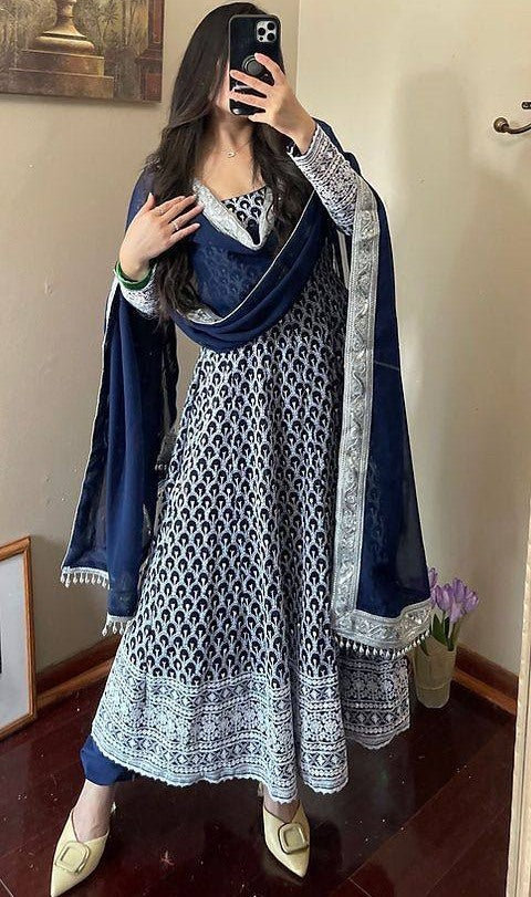 Navy blue georgette heavy embroidered wedding anarkali suit