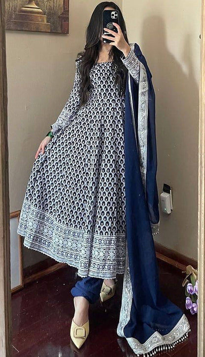 Navy blue georgette heavy embroidered wedding anarkali suit