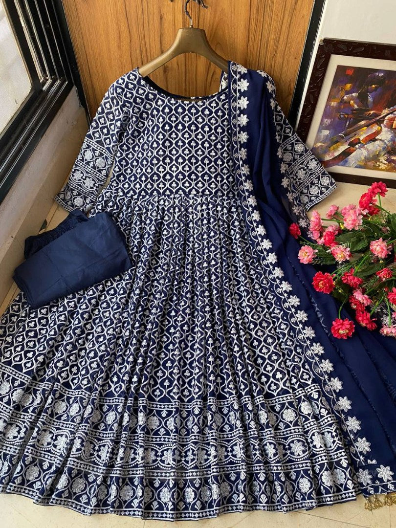 Navy blue georgette heavy embroidered wedding anarkali suit