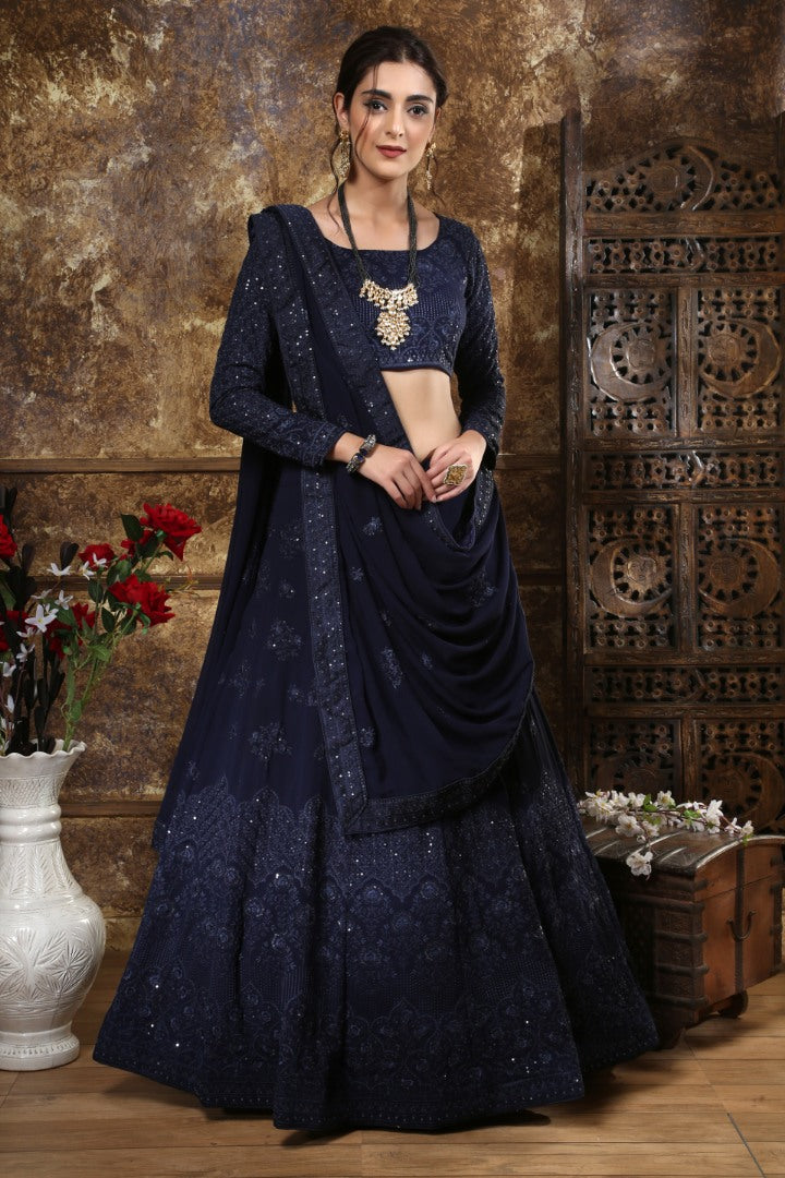 Navy blue georgette heavy embroidered wedding lehenga choli