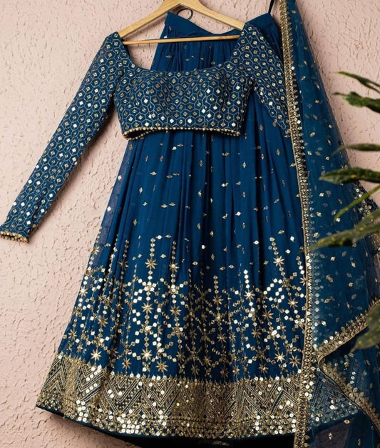 Navy blue georgette heavy embroidered wedding lehenga choli