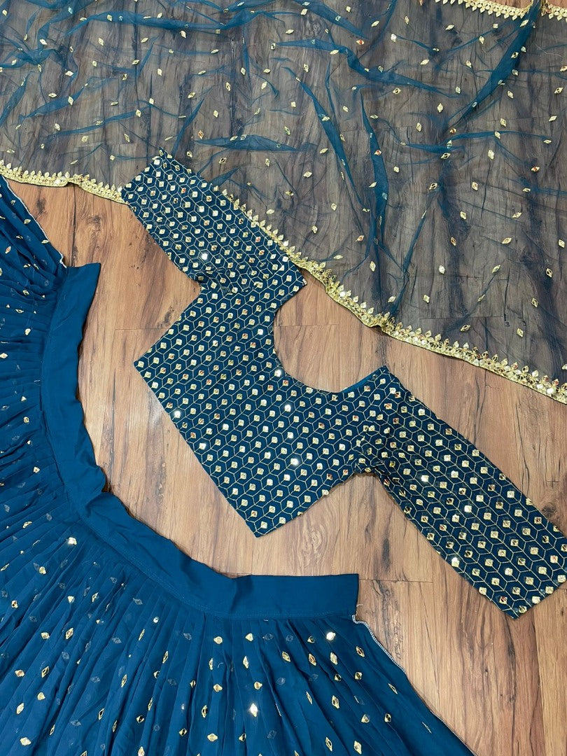 Navy blue georgette heavy embroidered wedding lehenga choli