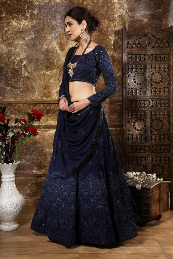 Navy blue georgette heavy embroidered wedding lehenga choli