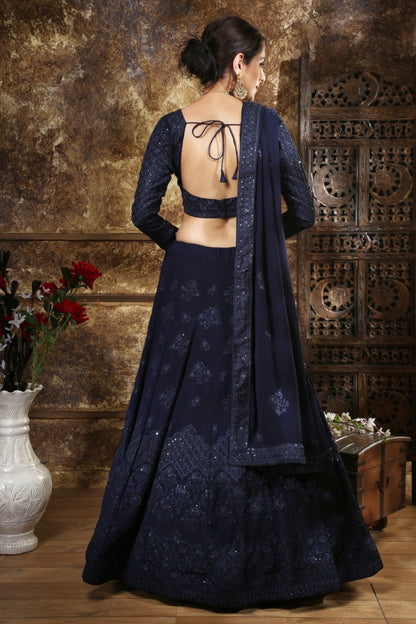 Navy blue georgette heavy embroidered wedding lehenga choli