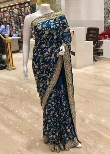 Navy blue georgette heavy embroidered wedding saree